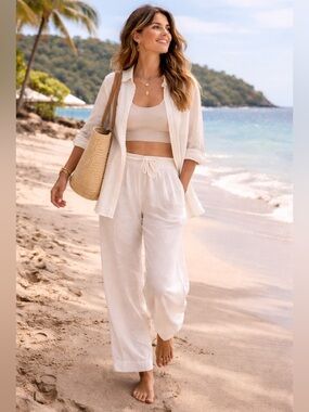 BRYN WALKER 100% Linen White Straight Leg Pants Women's Large Lagenlook‎ Beach